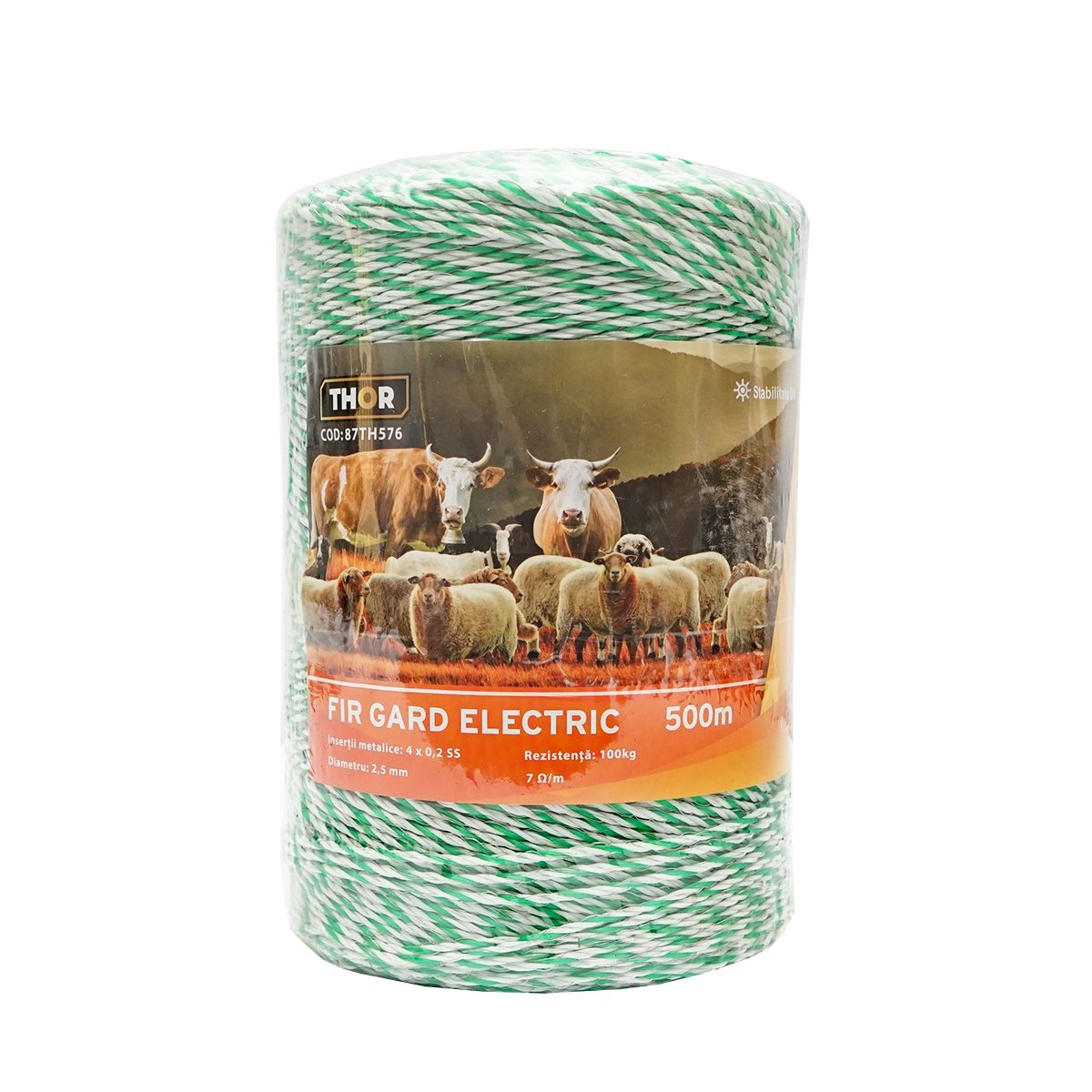 Rola fir alb-verde fi 2.5mm insertie metalica 4x0.2mm SS, rezistenta 7 Ohm/m, 500m gard electric Thor
